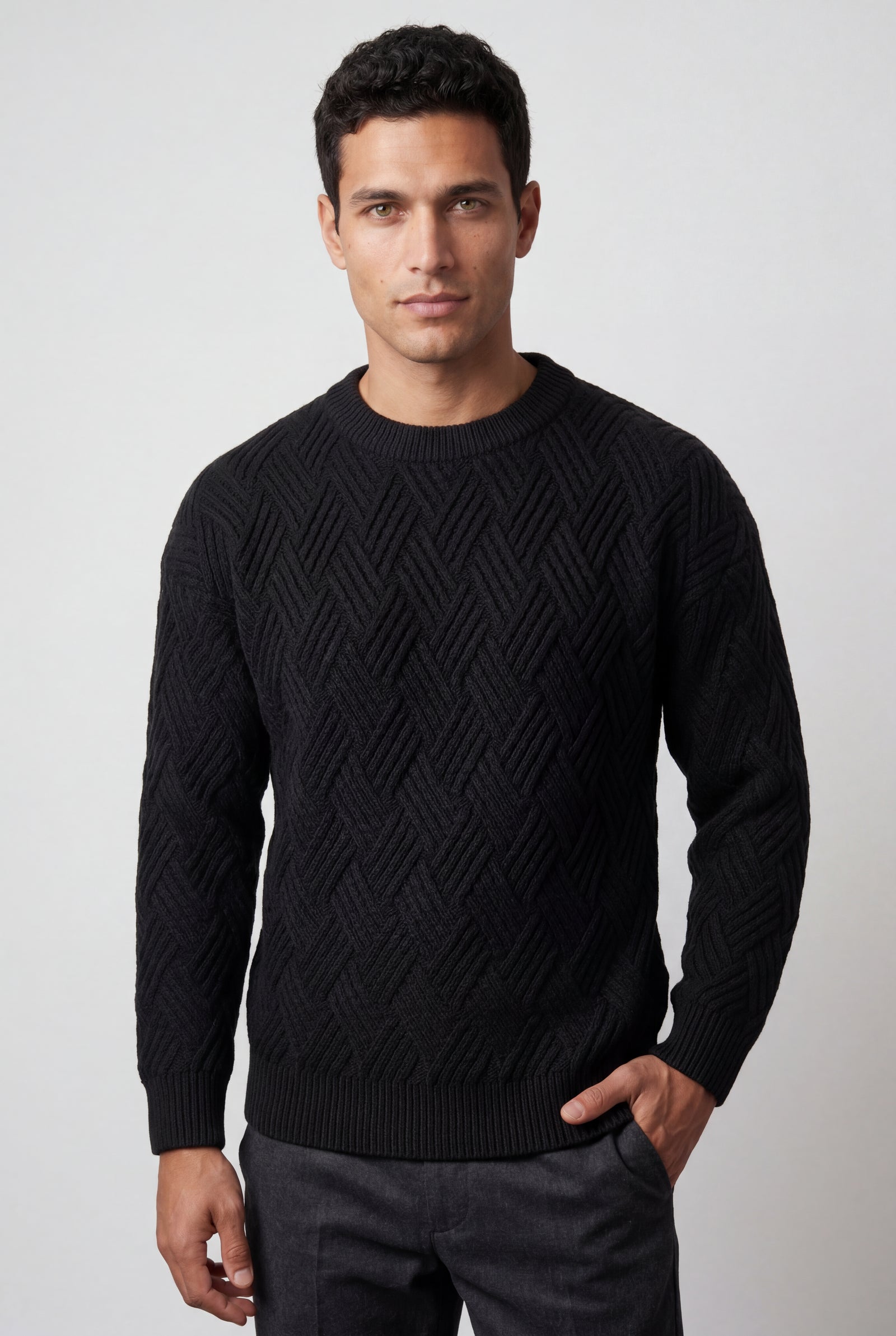 Black Men's Geometric Cable- Textured Pullover Sweater - Photo 7