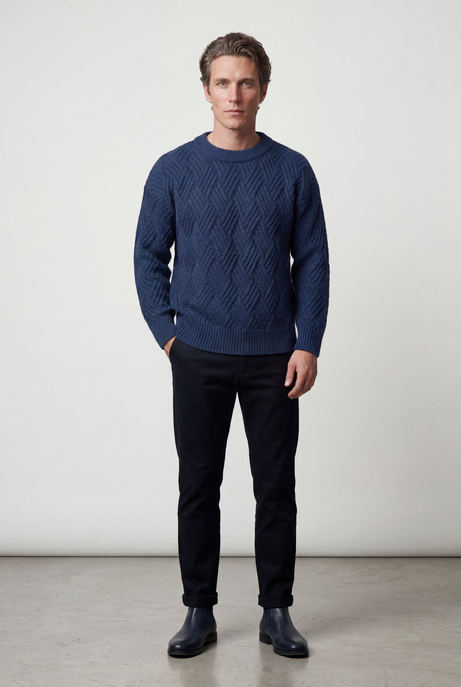 Navy Blue Men's Geometric Cable- Textured Pullover Sweater - Photo 8
