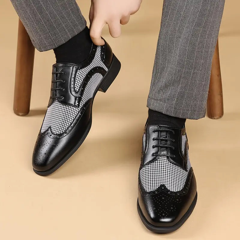 Black Men's Houndstooth Panel Brogue Oxford Dress Shoes - Brogue Oxford shoes - Photo 4
