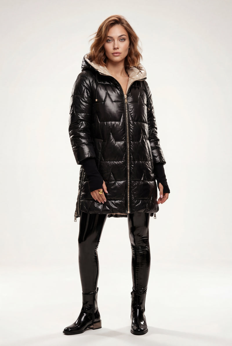 Black Metallic Quilted Hooded Mid-length Puffer Jacket - Quilted jackets - Photo 1