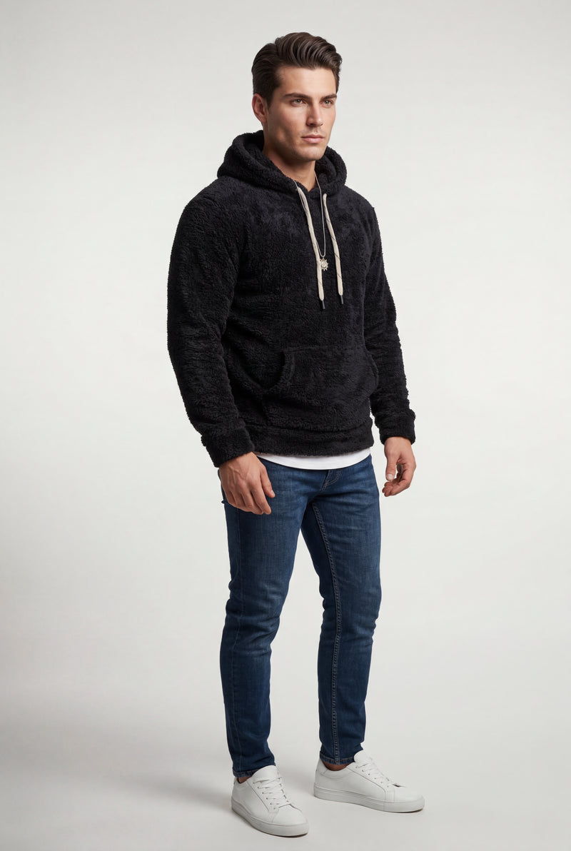 Black Modern Fit Plush Hoodie with Kangaroo Pocket - Modern fit hoodie - Photo 1