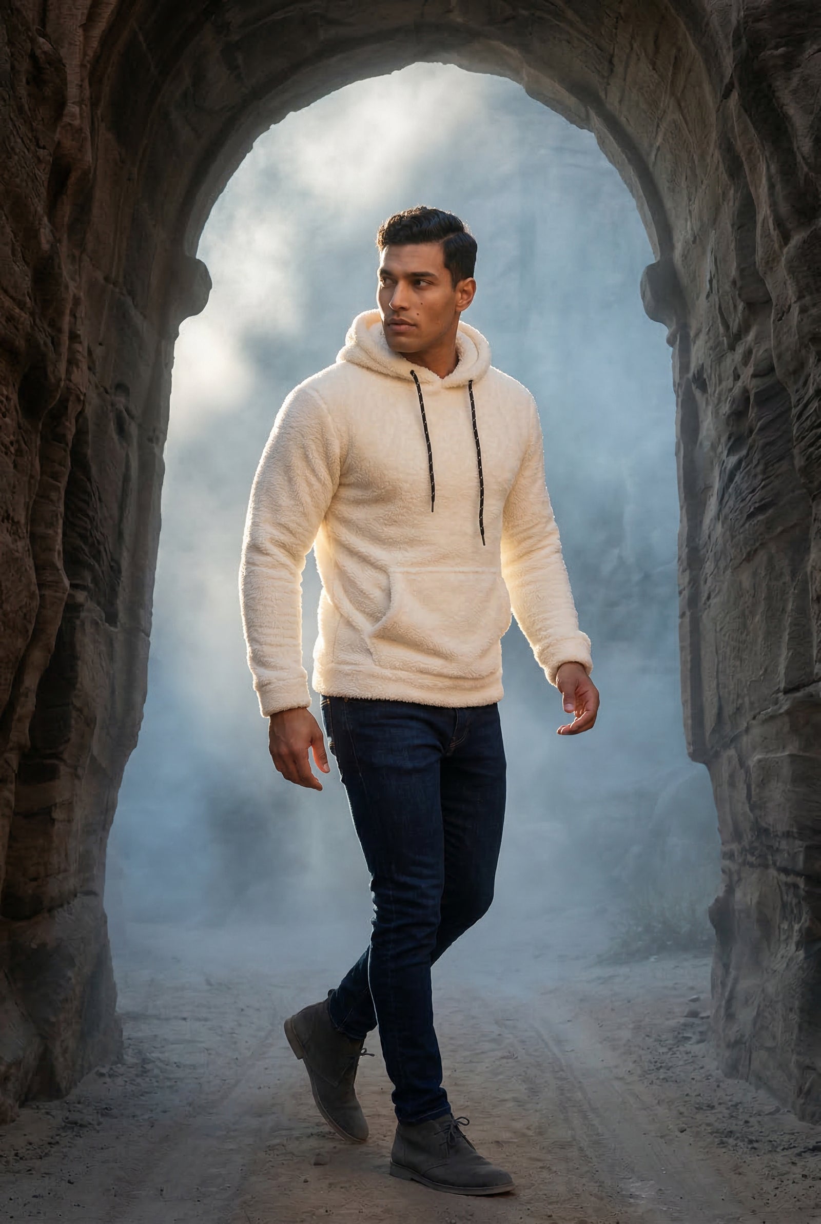 White Modern Fit Plush Hoodie with Kangaroo Pocket - Modern fit hoodie - Photo 10