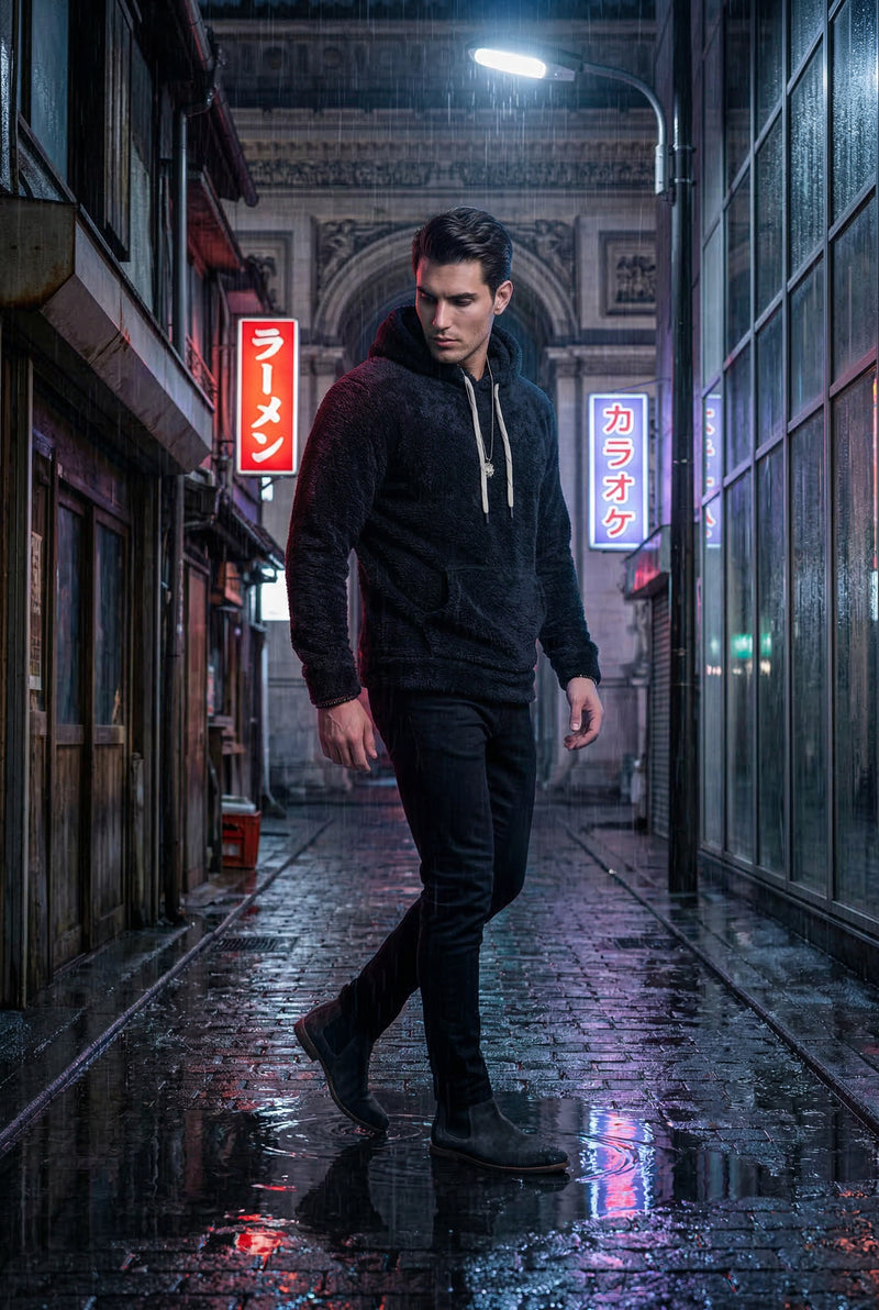 Black Modern Fit Plush Hoodie with Kangaroo Pocket - Modern fit hoodie - Photo 3