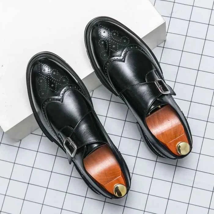 Black Monk Strap Brogue Oxford Dress Shoes with Wingtip Detail - Monk strap oxford shoes - Photo 3
