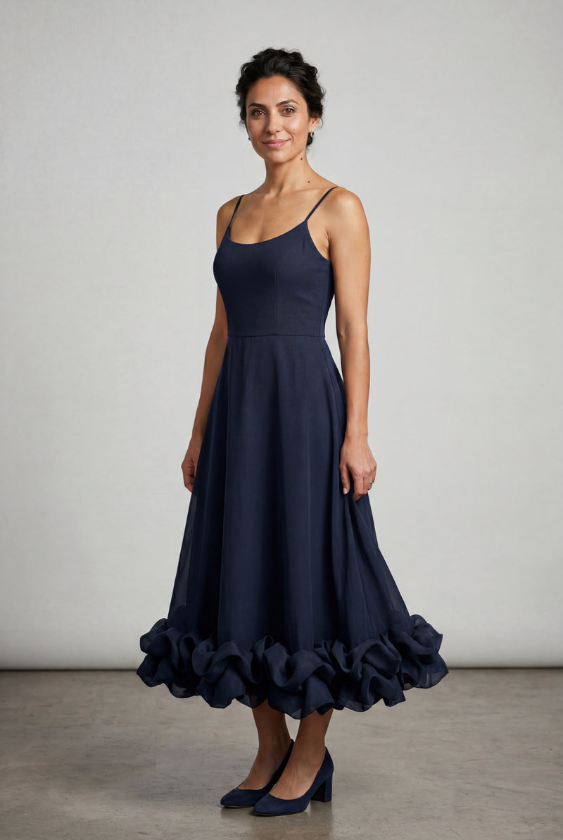Black Navy Ruffled Hem Fit-and-flare Midi Dress - Photo 1