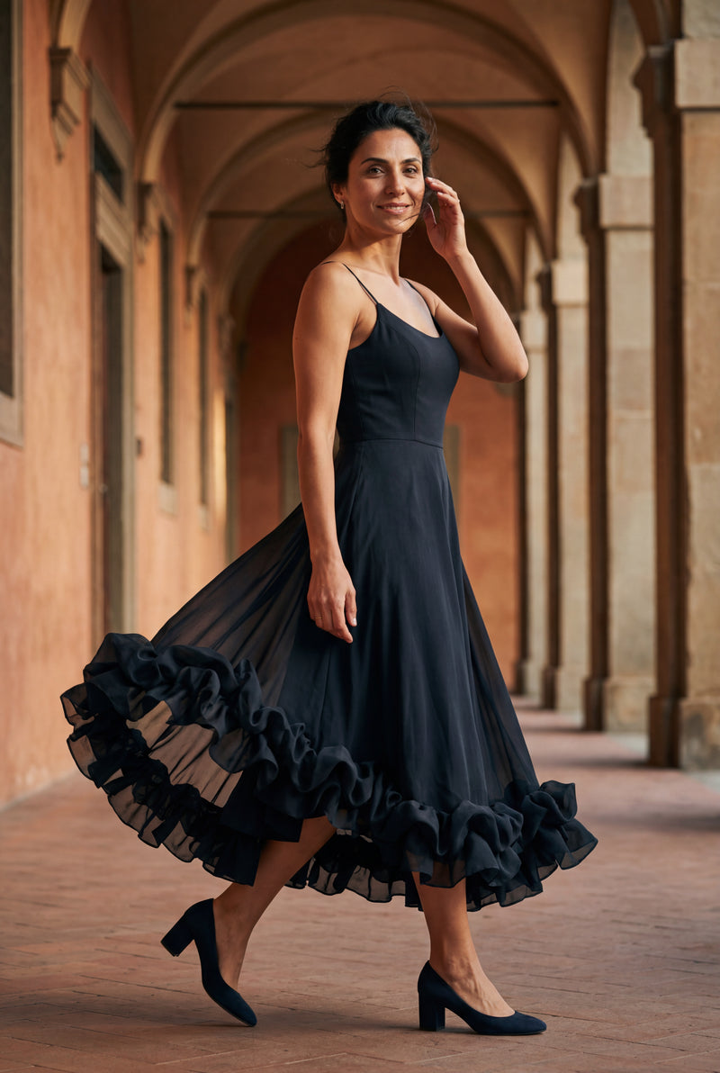 Black Navy Ruffled Hem Fit-and-flare Midi Dress - Photo 4