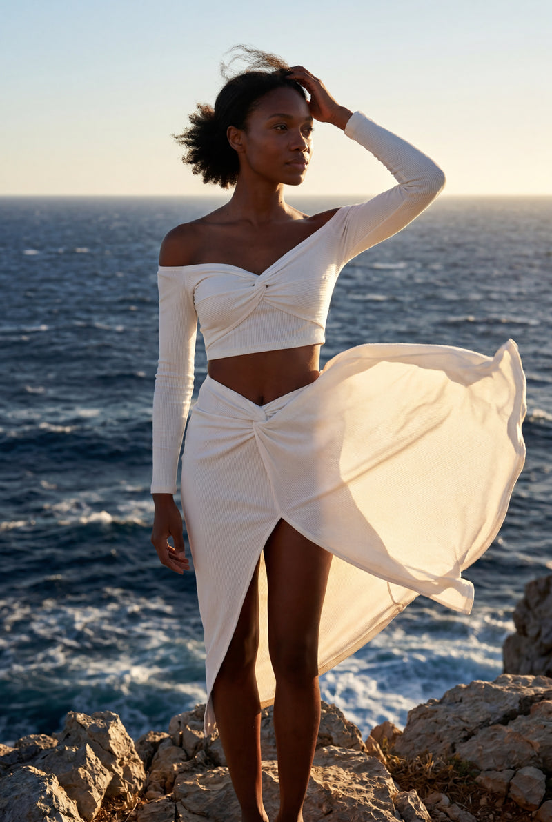 White Off-shoulder Twist-front Crop Top and High-slit Midi Skirt Set - Crop top and skirt - Photo 3