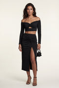 Black Off-shoulder Twist-front Crop Top and High-slit Midi Skirt Set - Crop top and skirt - Photo 5