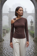 Brown One-shoulder Ribbed Top with Gold Ring Detail - One shoulder top - Photo 8