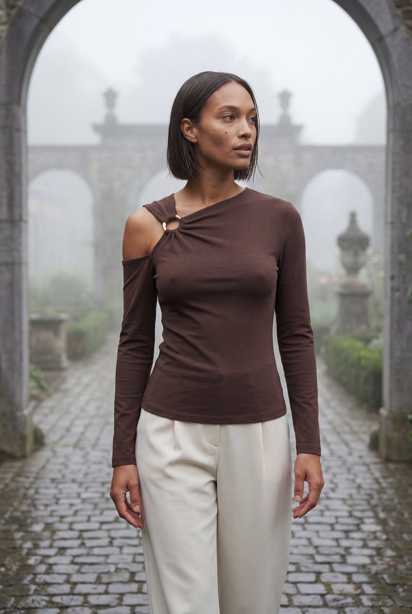 Brown One-shoulder Ribbed Top with Gold Ring Detail - One shoulder top - Photo 8
