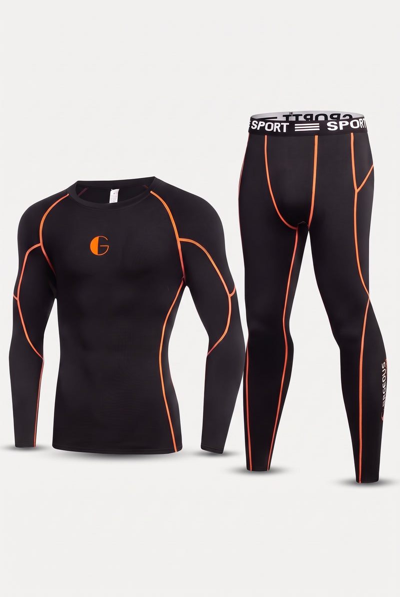 Fleece Lined Base Layer Set in Black Orange — studio front