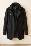 Overcoat with Knit Collar in Black — studio front