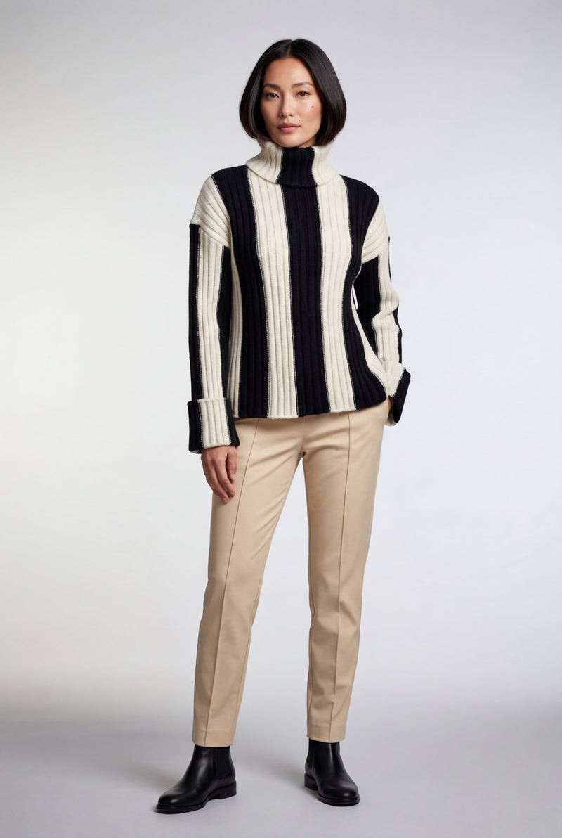 Black Oversized Chunky Ribbed Turtleneck Striped Sweater - Oversized sweater - Photo 2