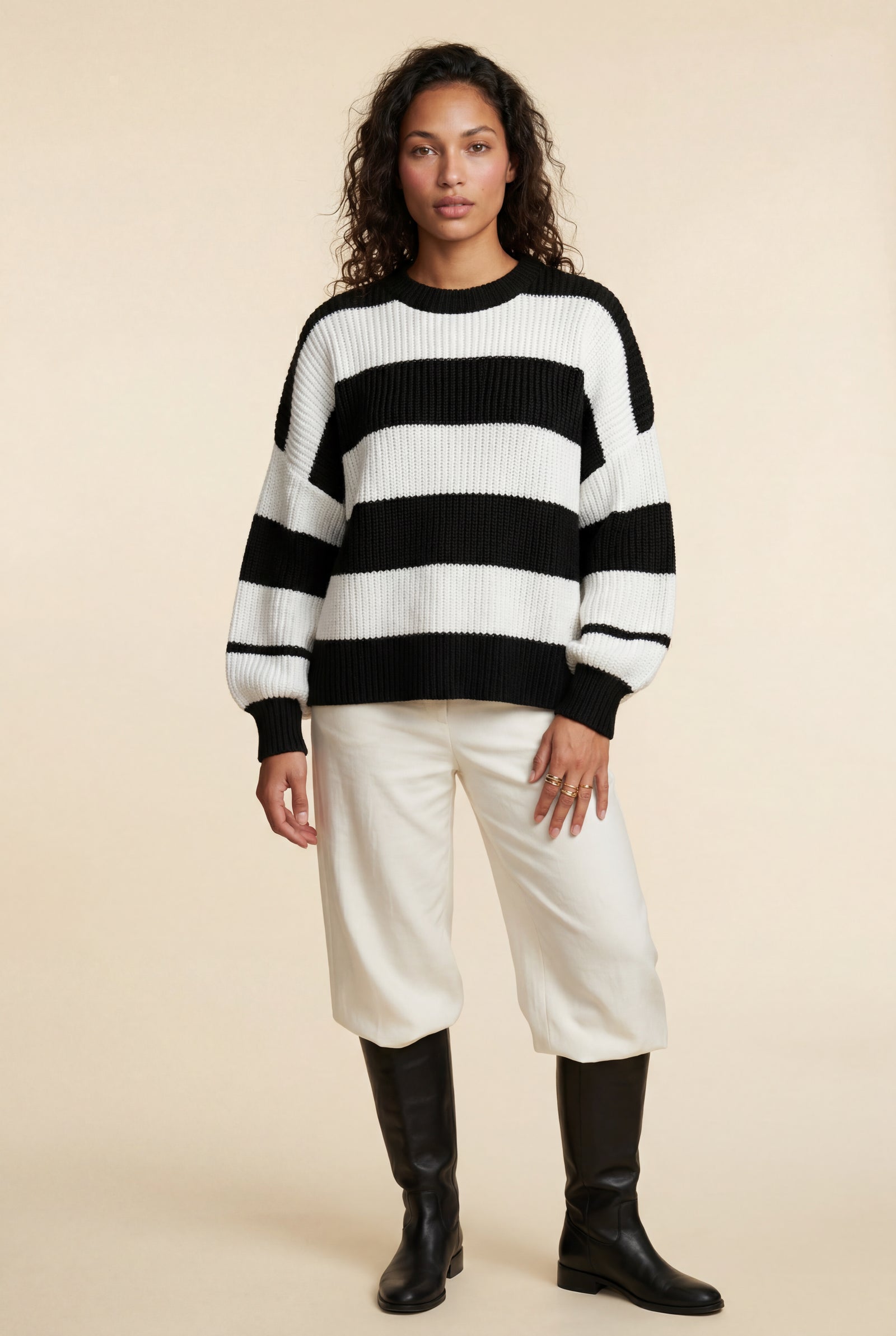 Black Oversized Chunky Striped Crewneck Sweater - Knit sweaters - Photo 3