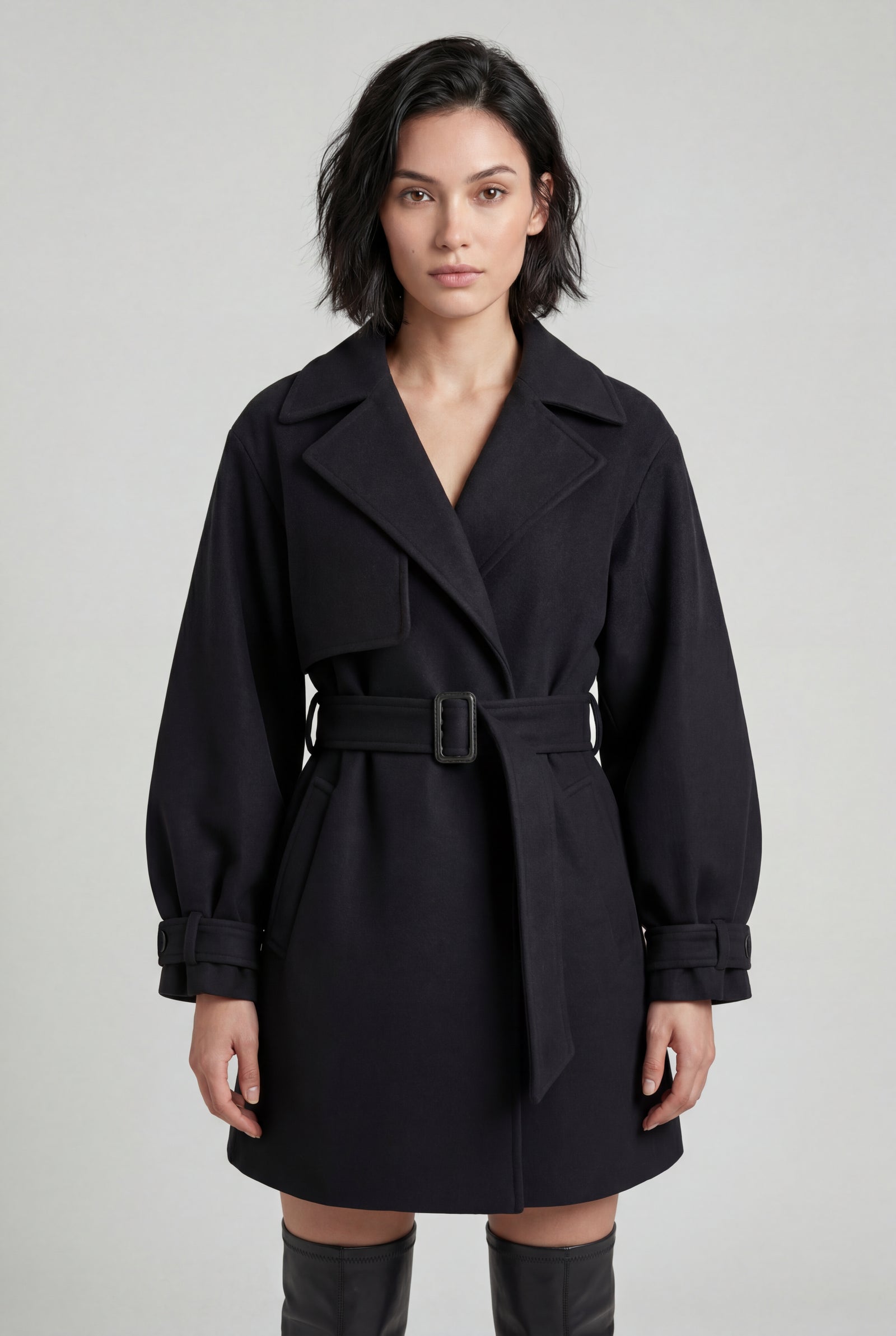 Black Oversized Lapel Belted Mini Trench Coat - Photo 1