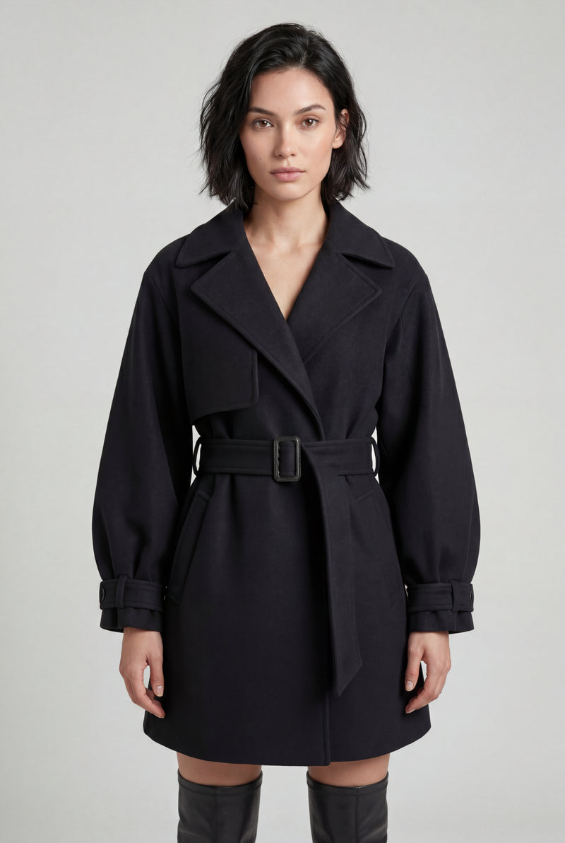 Black Oversized Lapel Belted Mini Trench Coat - Photo 1