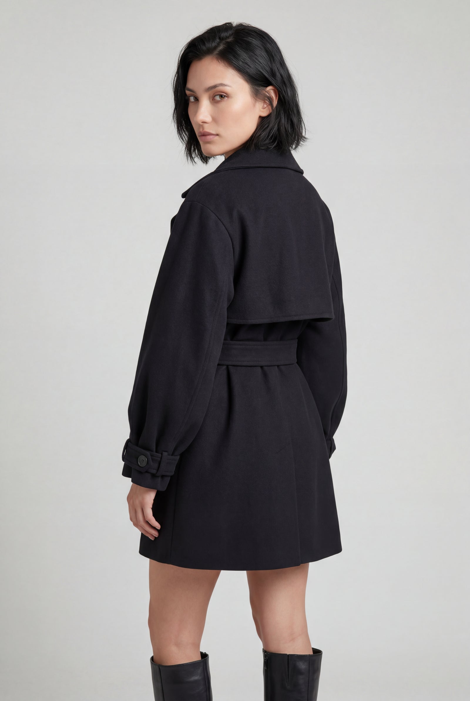 Black Oversized Lapel Belted Mini Trench Coat - Photo 2