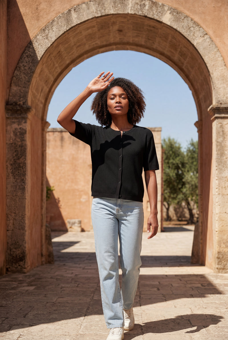 Black Oversized Ribbed Button-front Cardigan Sweater - Oversized cardigans - Photo 4