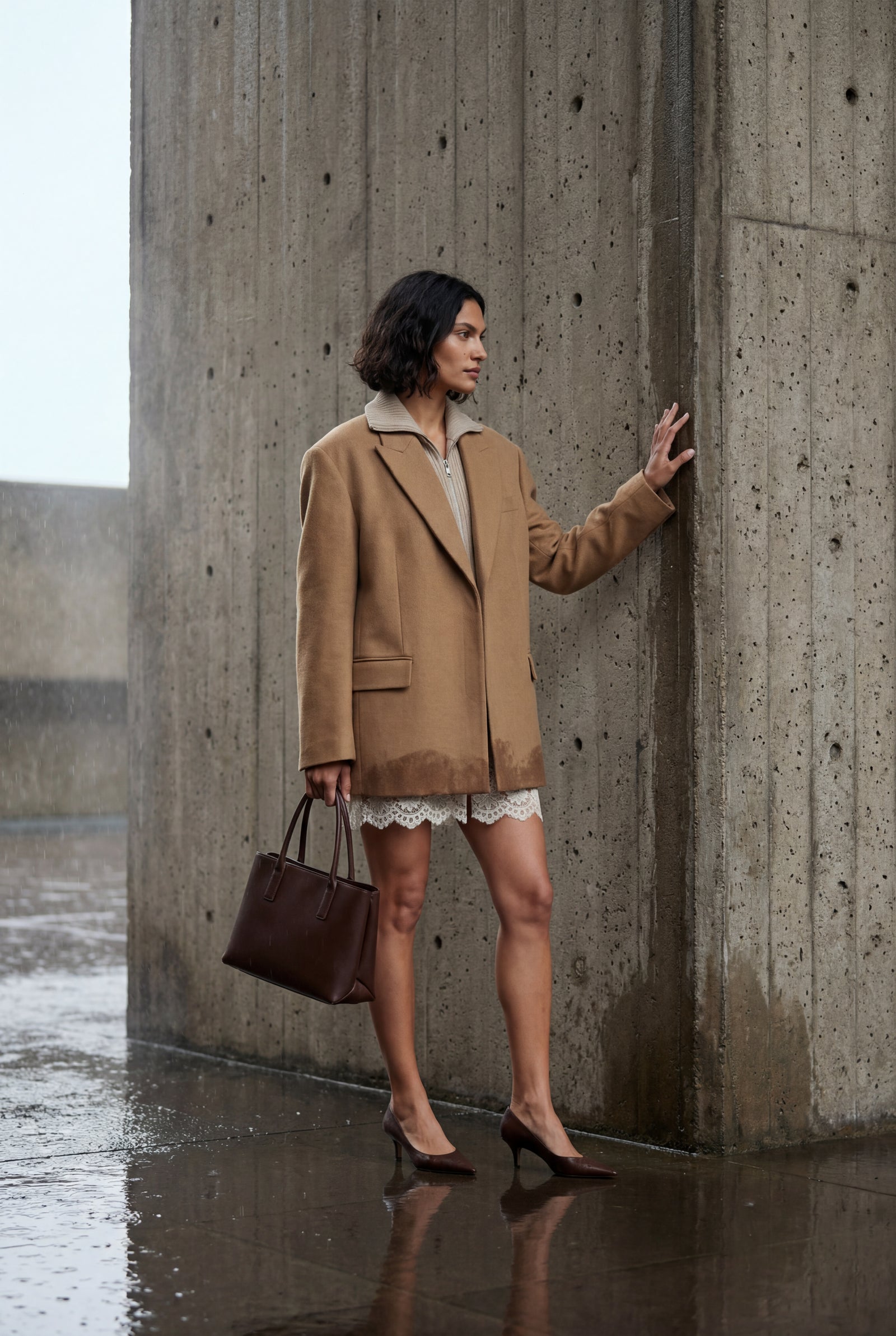 Beige Oversized Single-breasted Blazer with Classic Lapel - Blazers - Photo 11