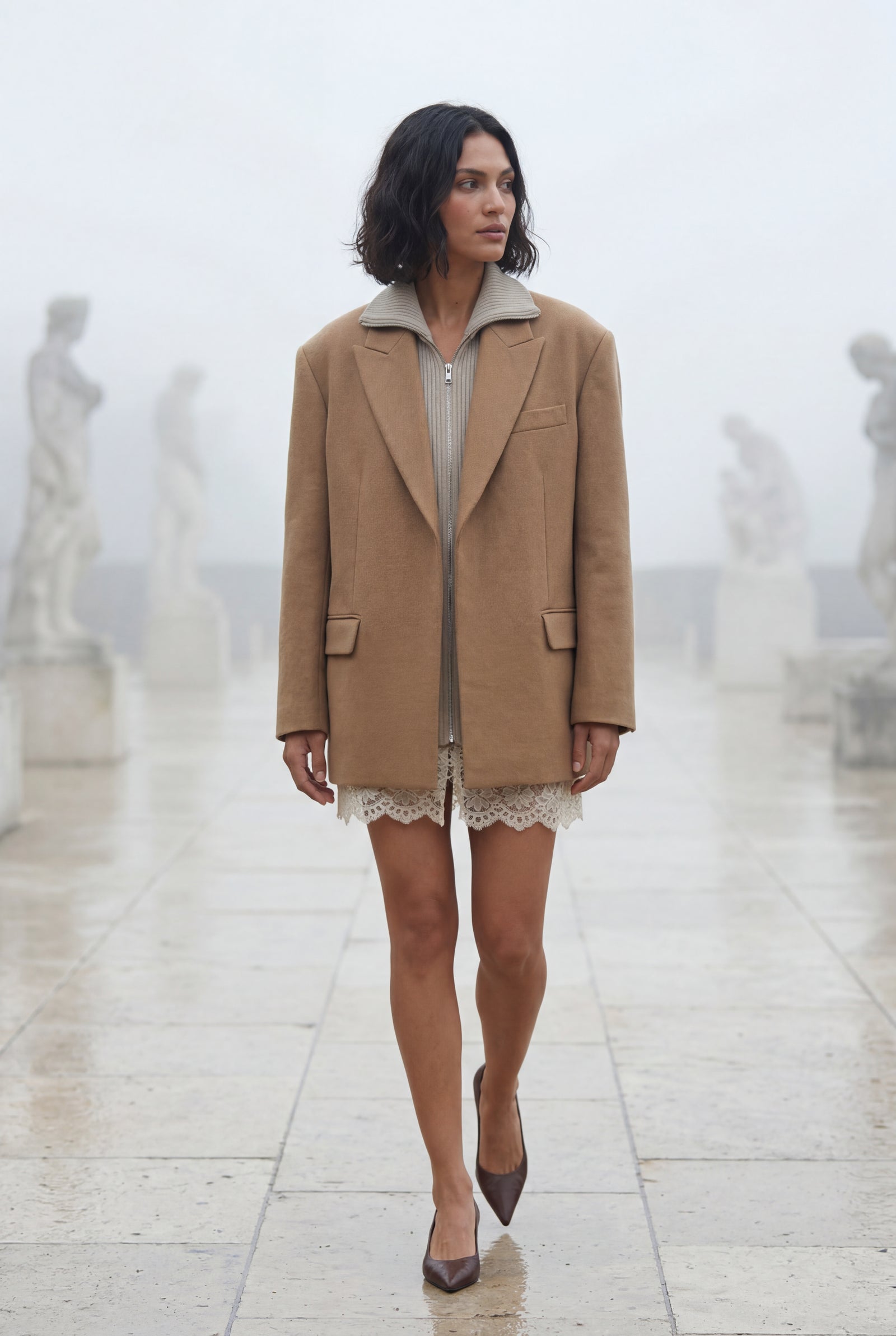 Beige Oversized Single-breasted Blazer with Classic Lapel - Blazers - Photo 8