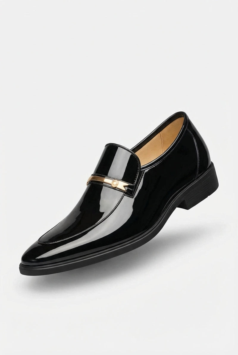 Black Patent Slip-on Loafers with Metal Bar Detail - Photo 1