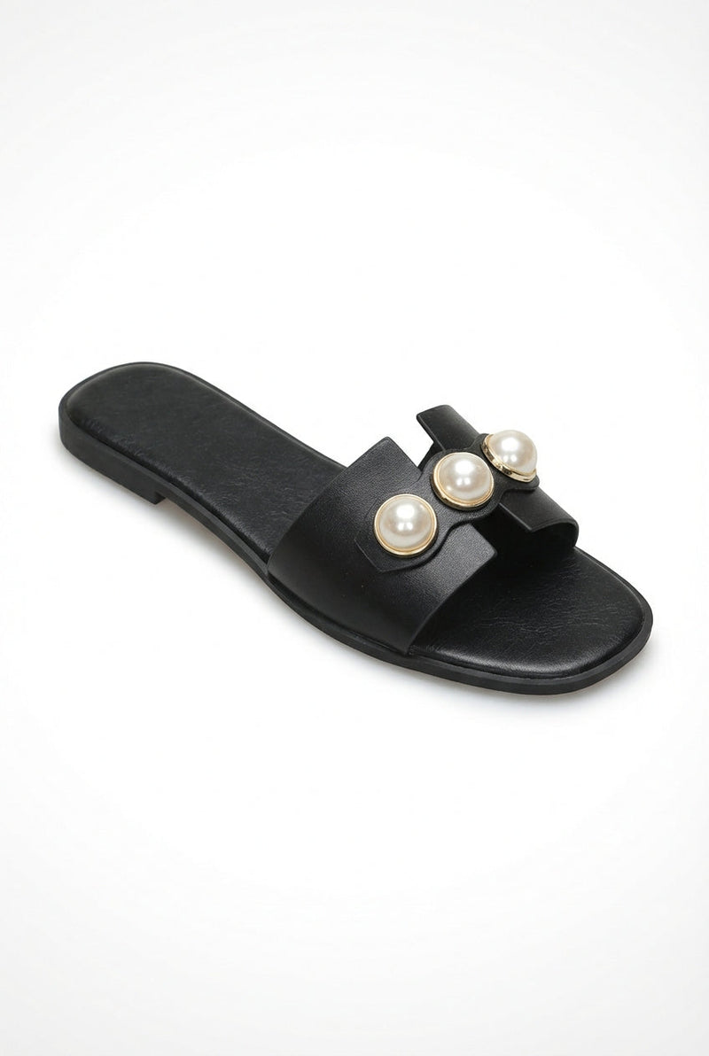 Black Pearl Embellished Wide Strap Slide Sandals - Photo 1