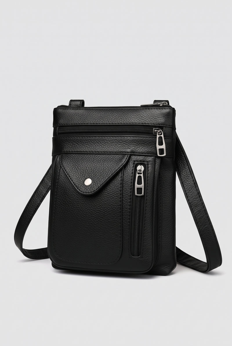 Pebbled Faux Leather Crossbody Bag in Black — studio front