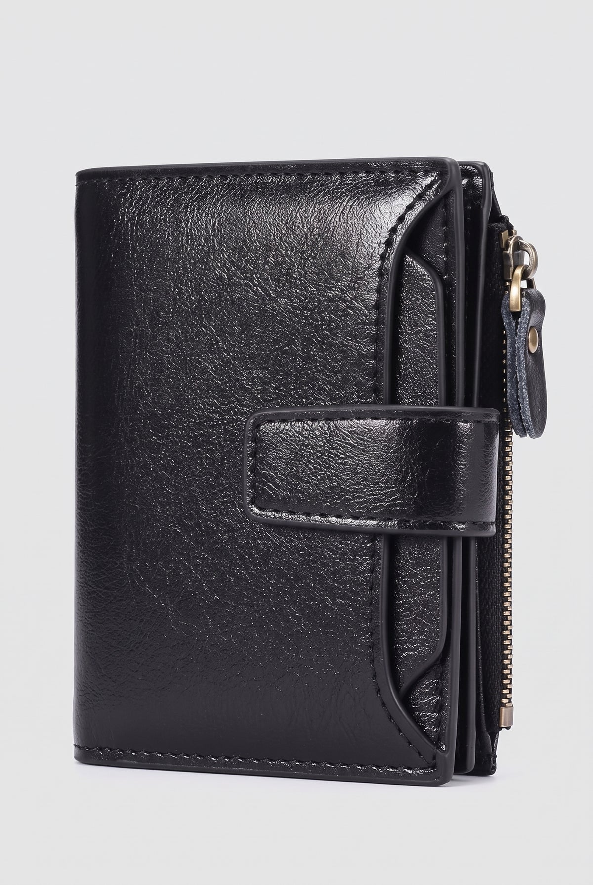 Pebbled Fold-Over Wallet in Black — studio front