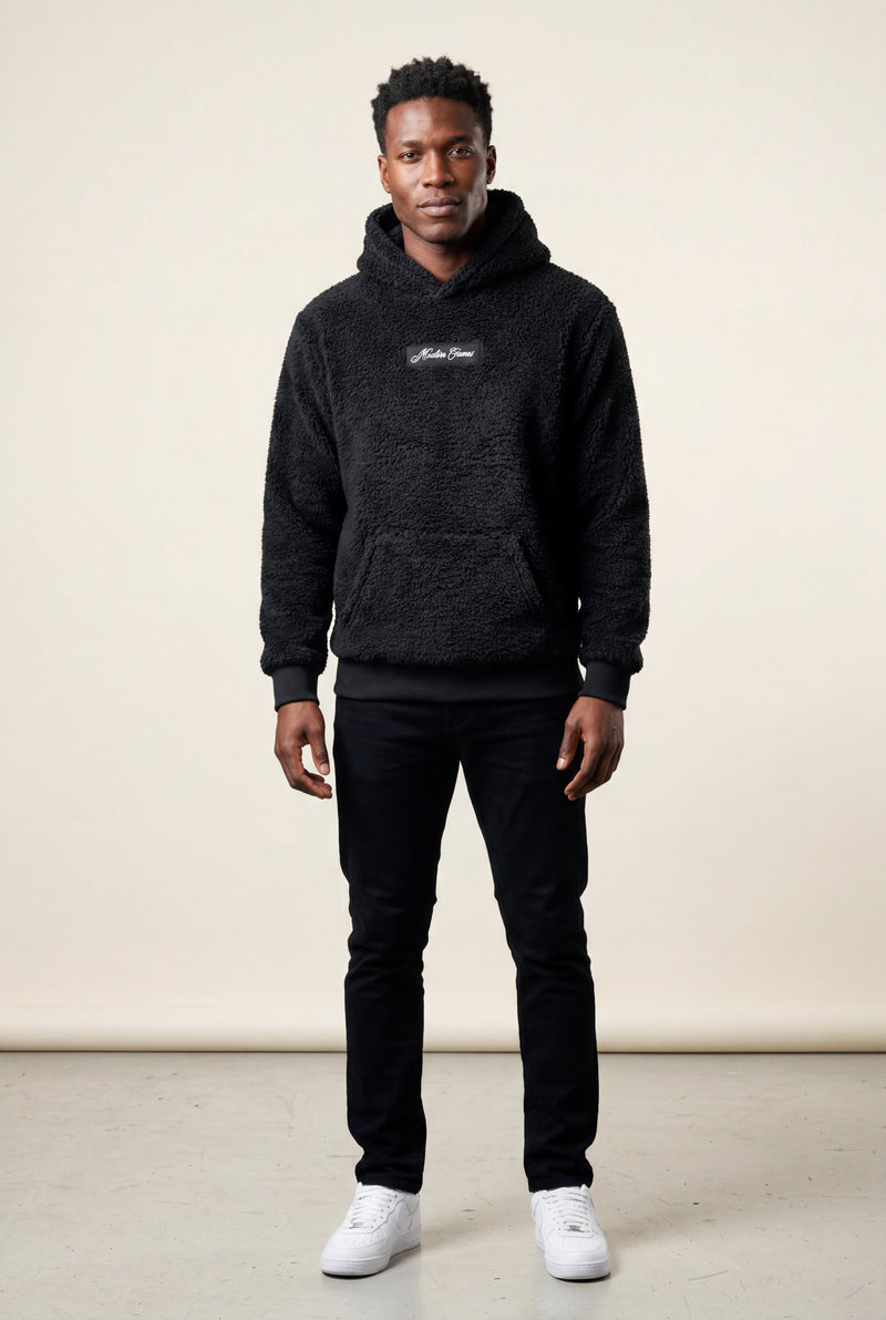 Black Plush Relaxed Fit Hoodie with Kangaroo Pocket - Photo 2