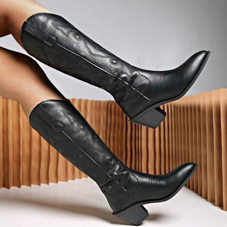 Pointed Toe Tall Western Cowboy Boots with Block Heel - Photo 4