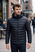 Polyester Hooded Puffer Jacket in Black — lifestyle