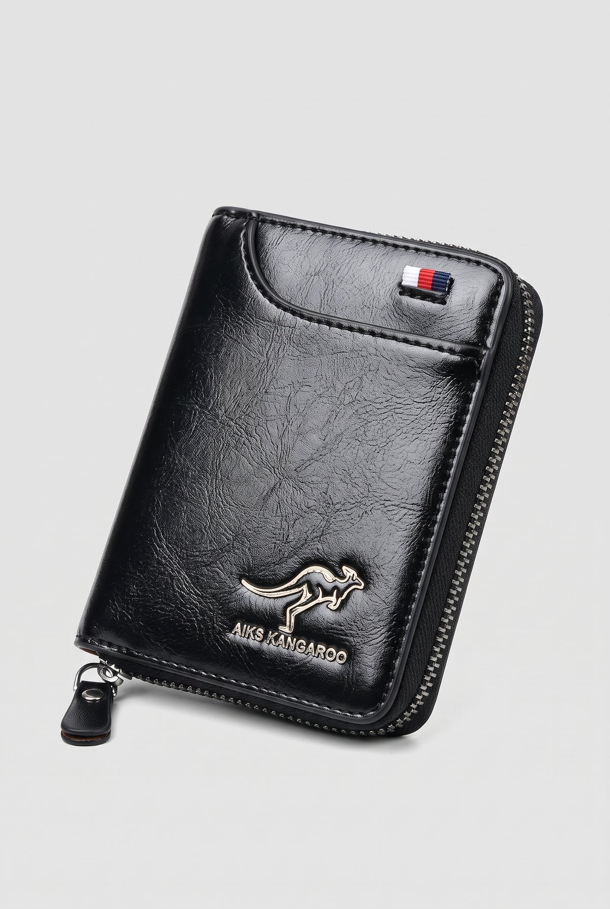 PU Leather Zip-Around Wallet in Black — studio front