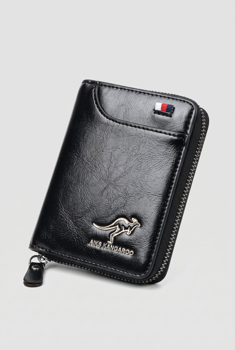 PU Leather Zip-Around Wallet in Black — studio front