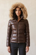 Glossy Puffer Jacket with Faux Fur Hood in Brown — alternate front view