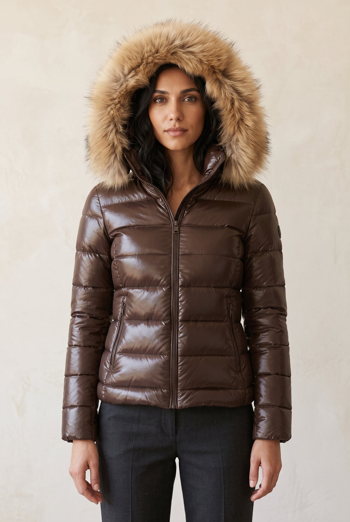 Glossy Puffer Jacket with Faux Fur Hood in Brown — alternate front view