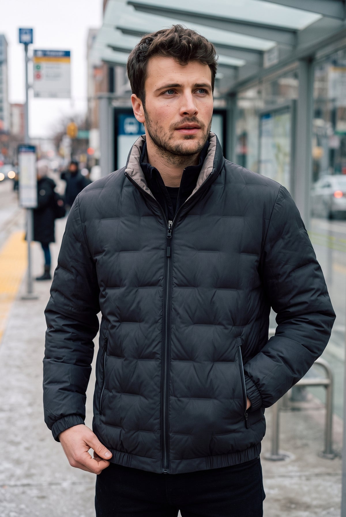 Quilted Hip-Length Puffer Jacket in Black — lifestyle