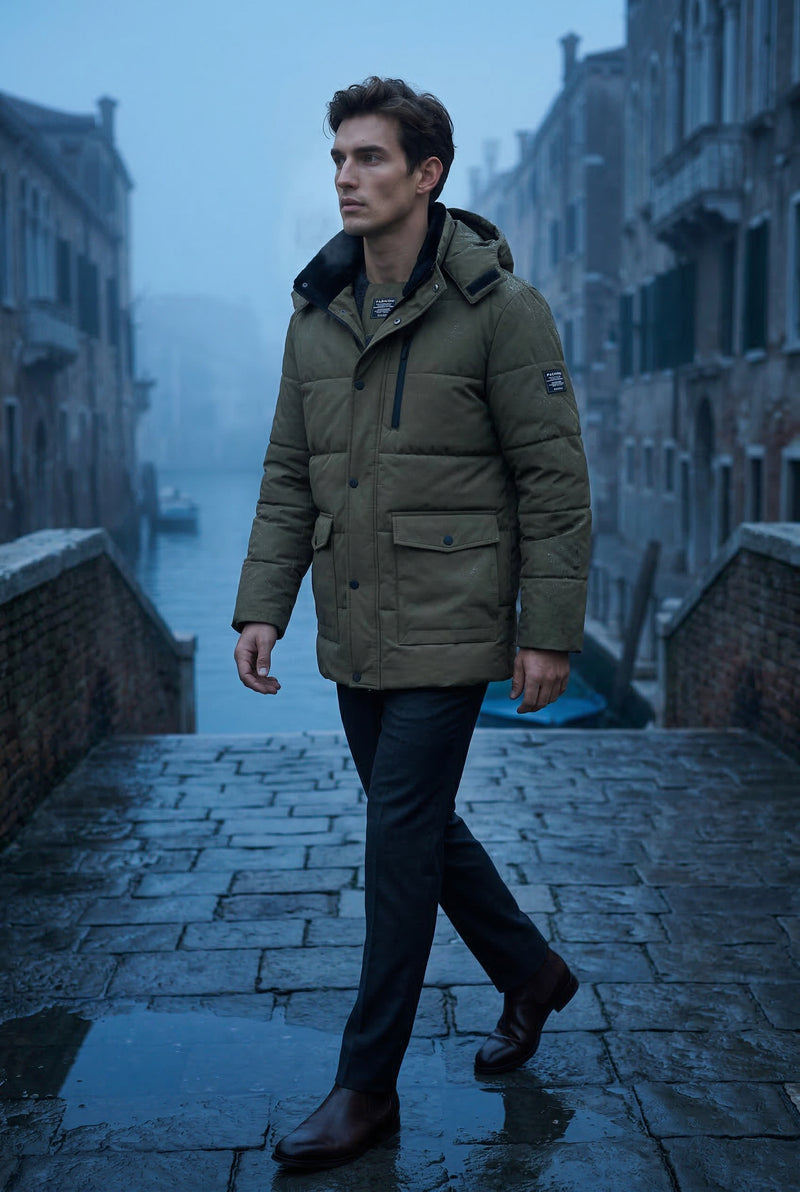 Army Green Quilted Hooded Parka Jacket with Storm Placket - Winter jackets - Photo 1