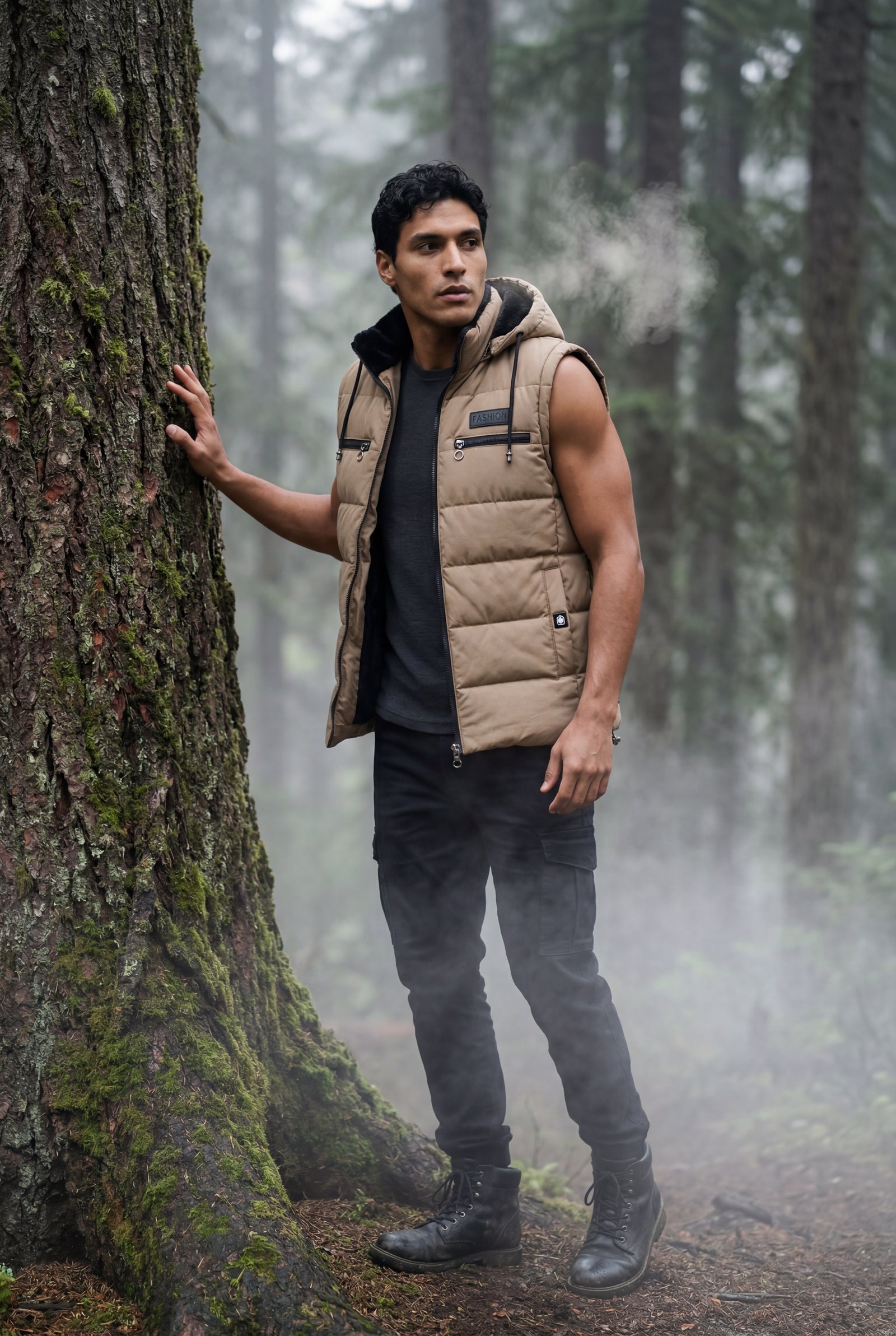 Khaki Quilted Hooded Puffer Vest with Zip Pockets - Hooded vests - Photo 17