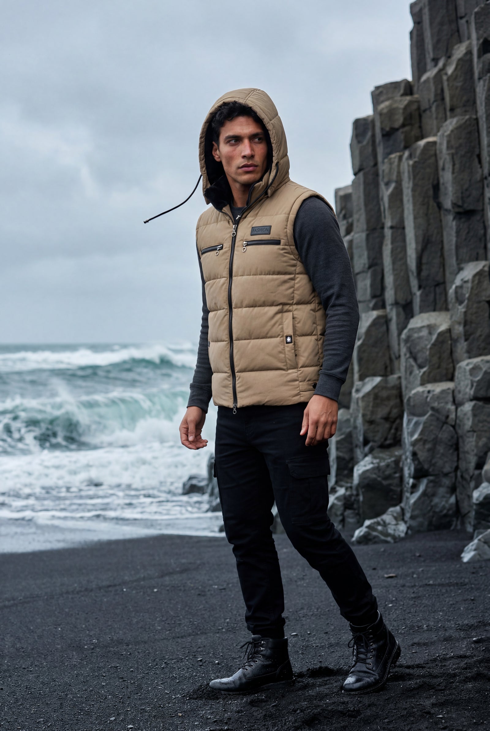 Khaki Quilted Hooded Puffer Vest with Zip Pockets - Hooded vests - Photo 18