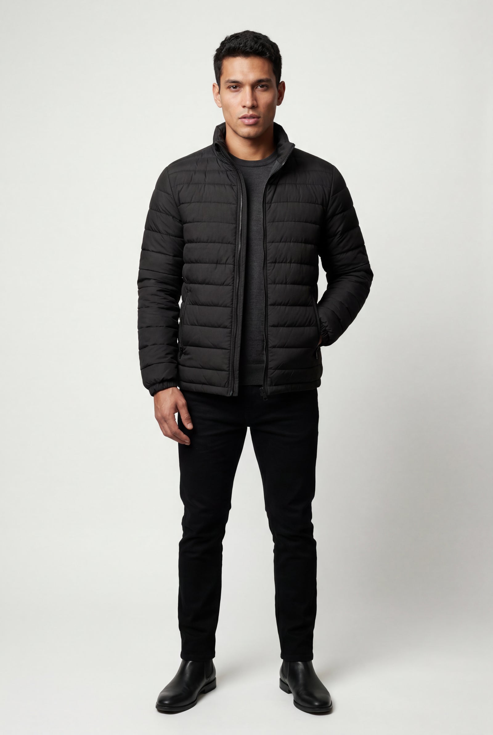 Black Quilted Stand Collar Lightweight Puffer Jacket - Lightweight jackets - Photo 1