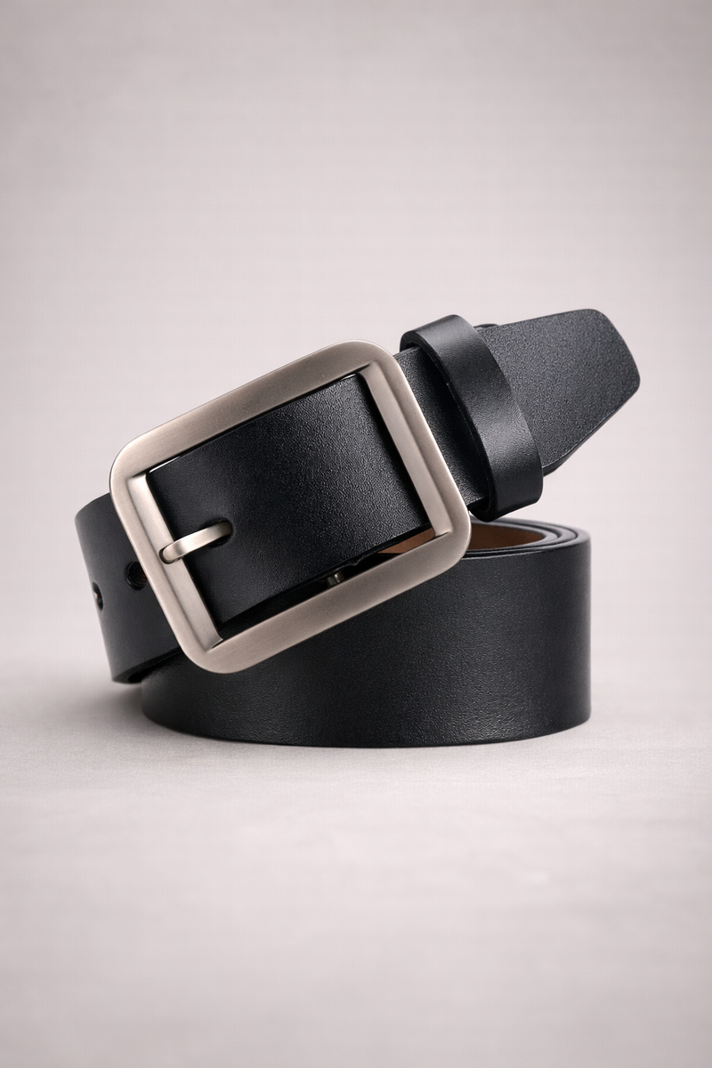 Black Rectangular Metal Buckle Classic Belt with Tapered Tip - Belts - Photo 2