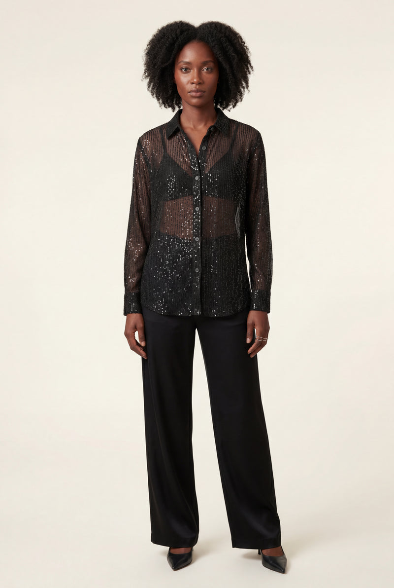 Black Relaxed Button-up Blouse with Classic Collar - Sequin blouses - Photo 2