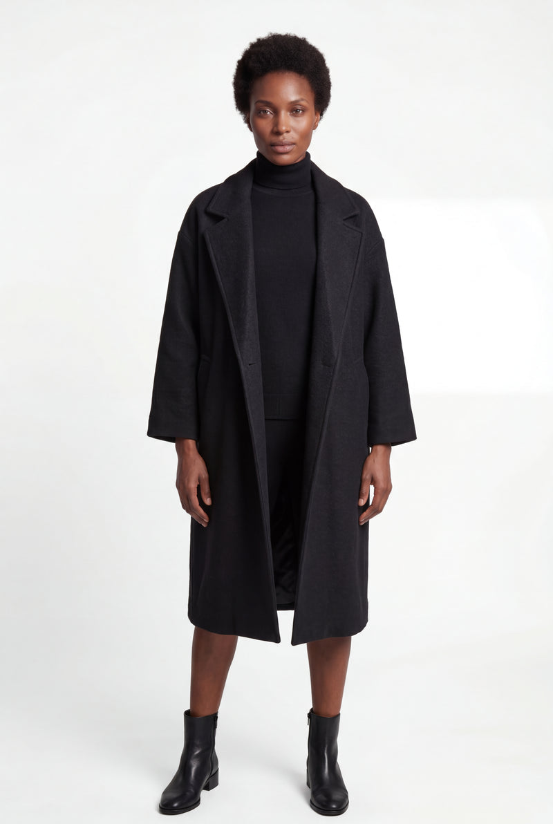 Black Relaxed Straight Double-breasted Long Winter Coat - Long wool coats - Photo 1