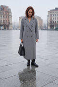 Gray Relaxed Straight Double-breasted Long Winter Coat - Long wool coats - Photo 16