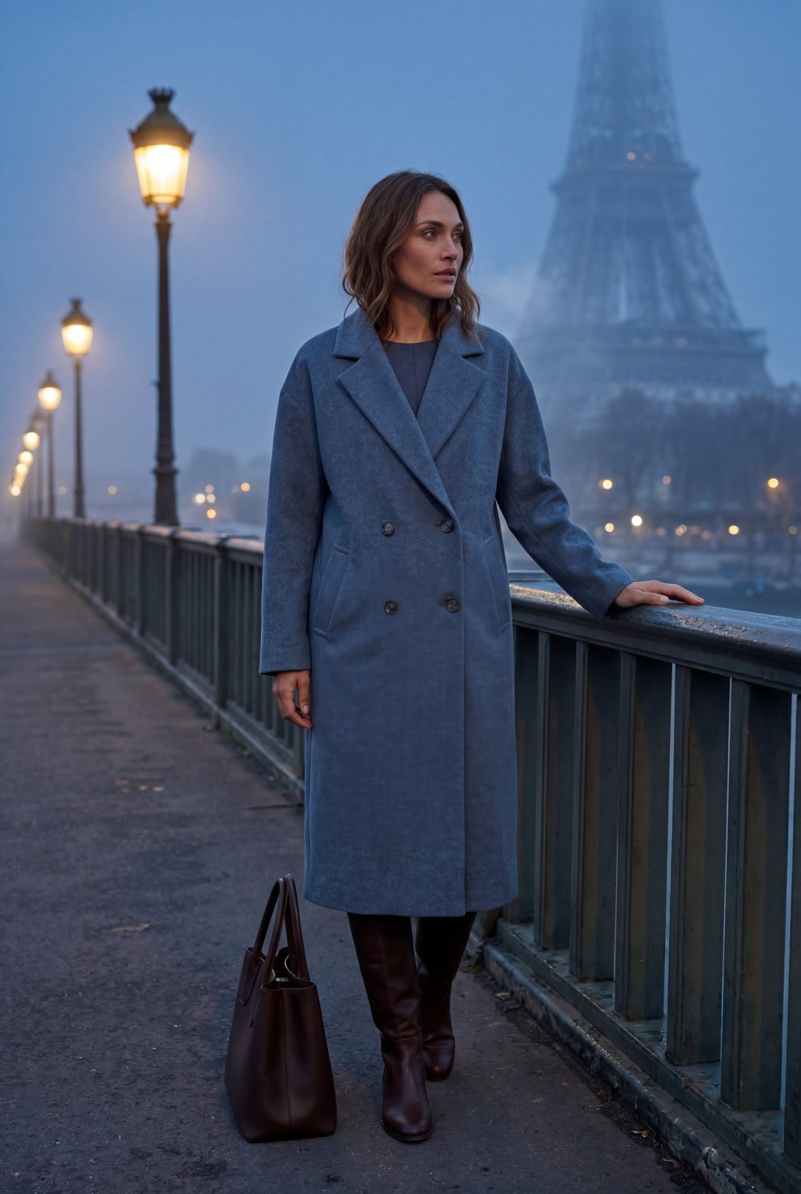 Blue Relaxed Straight Double-breasted Long Winter Coat - Long wool coats - Photo 17
