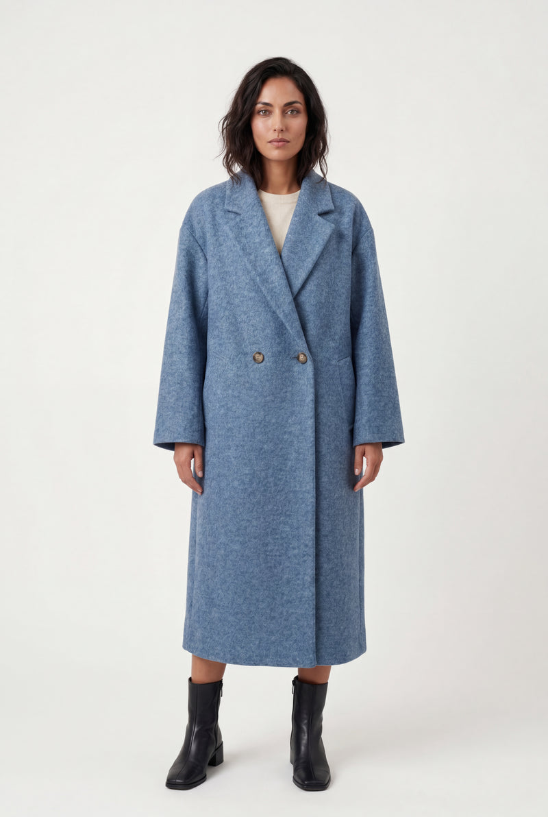 Blue Relaxed Straight Double-breasted Long Winter Coat - Long wool coats - Photo 2
