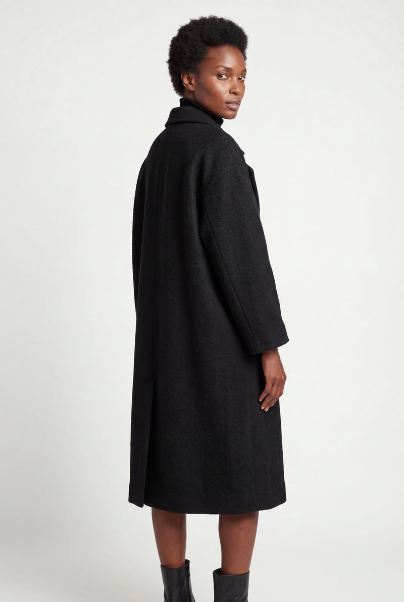 Black Relaxed Straight Double-breasted Long Winter Coat - Long wool coats - Photo 3