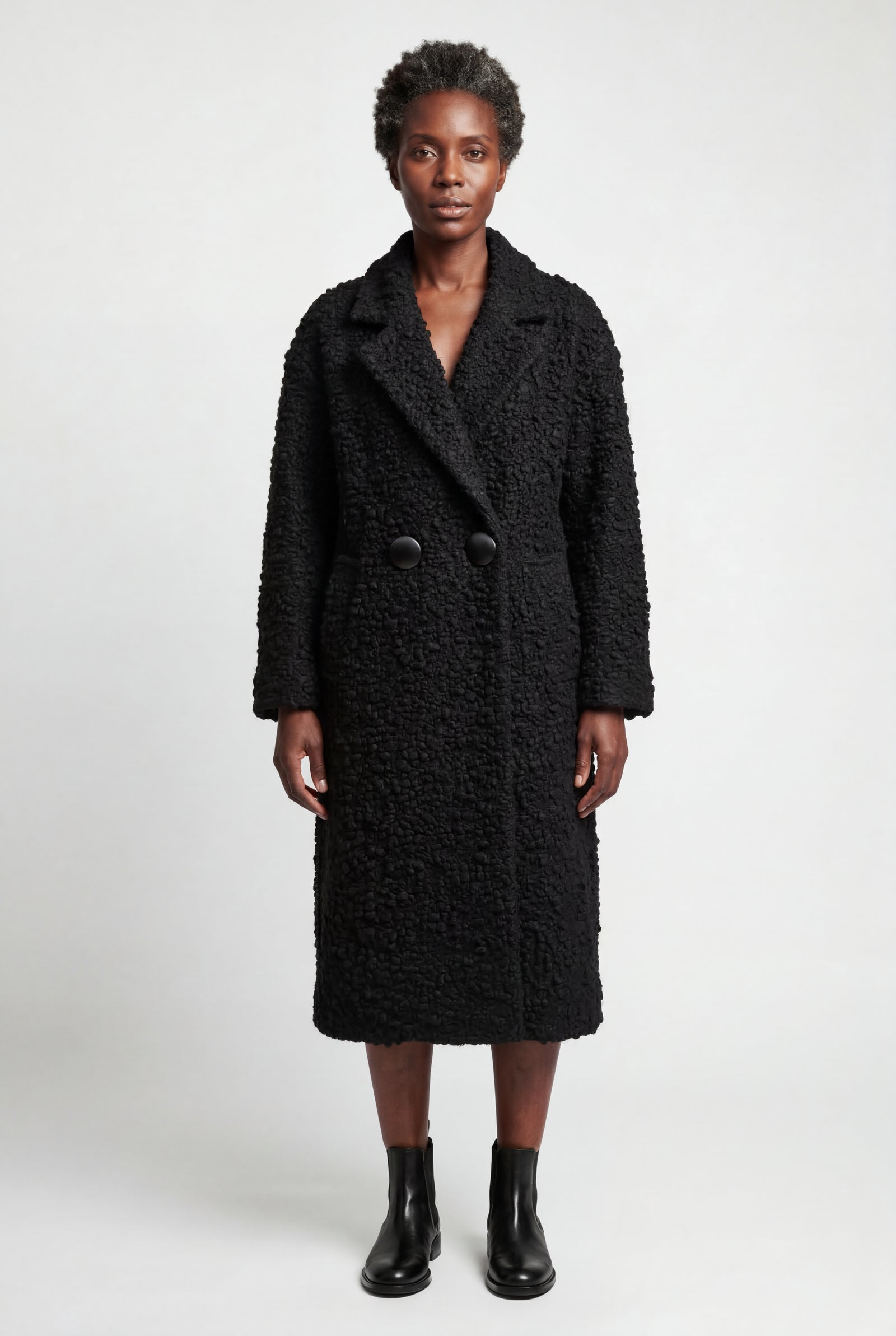 Black Relaxed Straight Double-breasted Long Winter Coat - Long wool coats - Photo 9