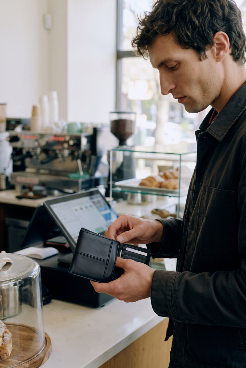 RFID-Blocking Leather Bifold Wallet in Black — lifestyle