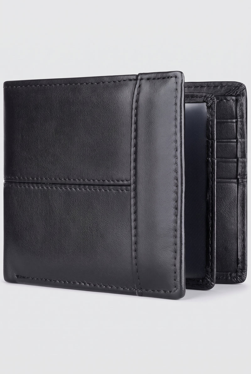 RFID-Blocking Leather Bifold Wallet in Black — studio front